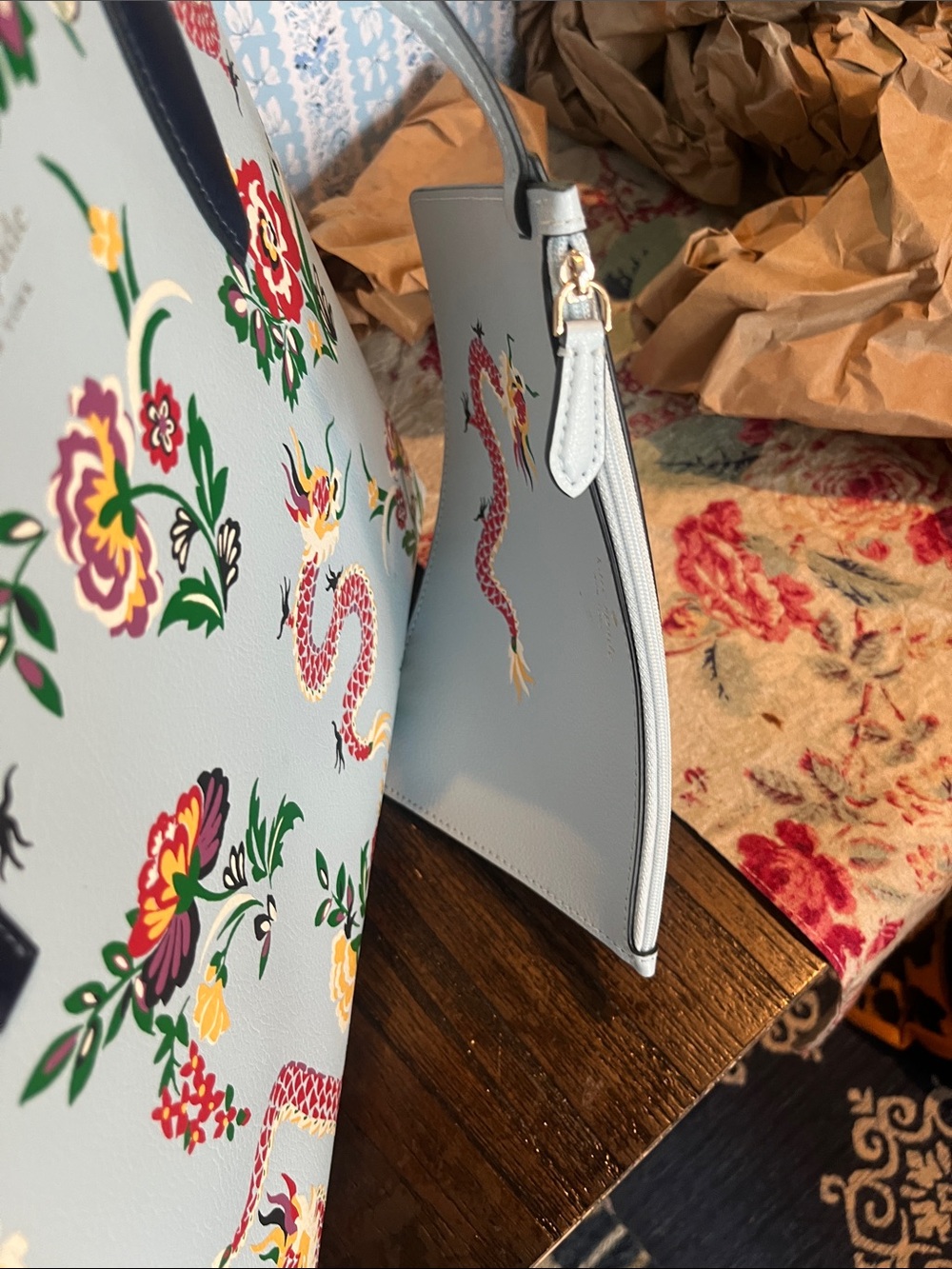 kate spade Light Blue Dragon & Floral Tote with Navy Straps-Reversible! - Picture 8 of 10
